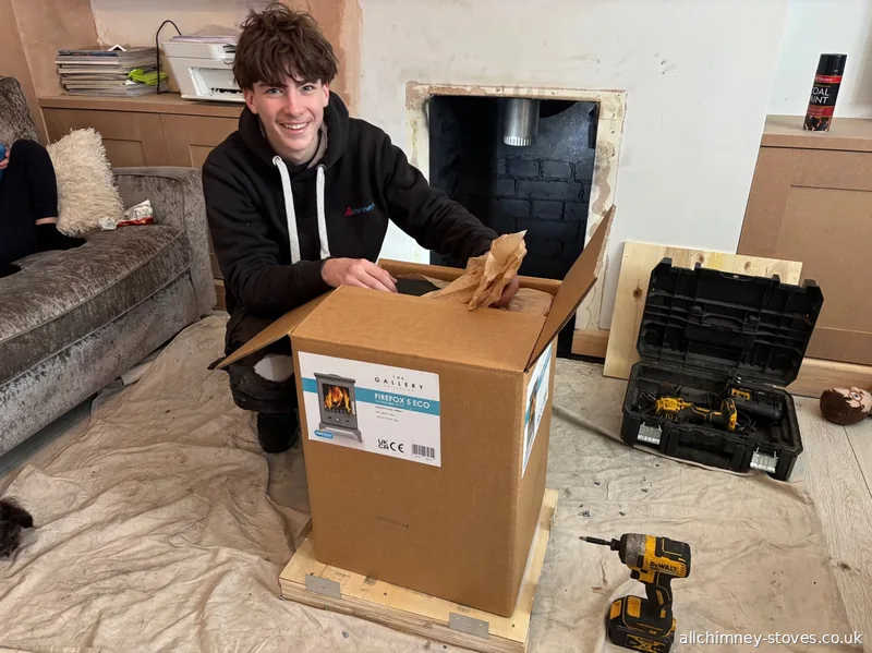Gallery Firefox 5kW eco stove being unpacked on site, long legs model, 12mm non-combustible hearth compatible, HETAS registered installation, Harold Hill
