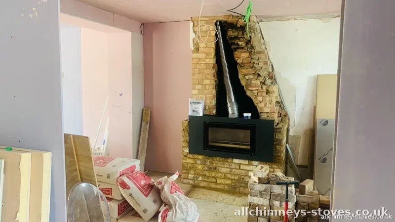 HETAS certified stove installation — inset cassette fitting, flexible liner, builder's opening, Allchimney Stoves, Gidea Park Romford