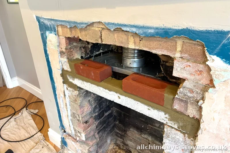 HETAS certified stove installation — register plate and flexible liner installation, fireplace opened, Allchimney Stoves, Collier Row Romford