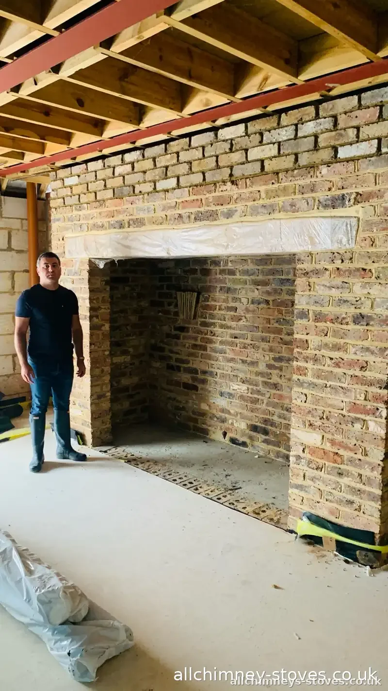HETAS certified solid fuel stove installation — inglenook builder's opening reinstated, chimney lined, register plate fitted prior to wood burning stove install, Allchimney Stoves, Emerson Park
